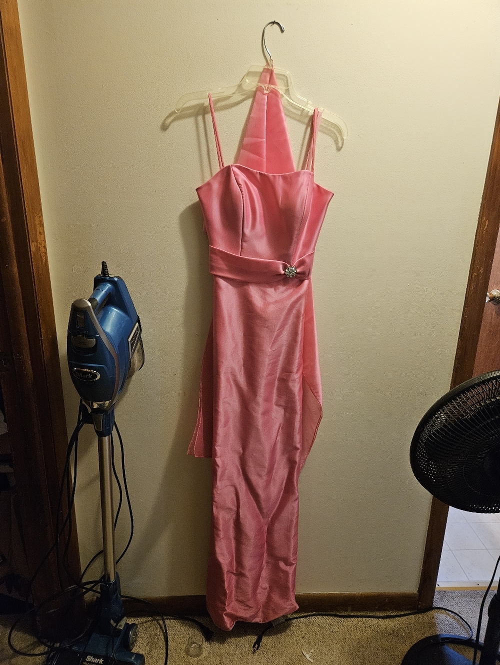 Mori Lee Pink Satin Prom Gown with Decorative Waist Accent. Worn Once